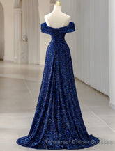 A-Line Evening Gown Elegant Dress Semi Formal Prom Wedding Guest Sweep / Brush Train Sleeveless Off Shoulder Sequined with Glitter Sequin Masquerade Dress